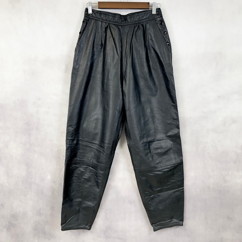 Vtg Womens Black Leather Pants Size 14 Pleats Barrel Leg Minimal Grunge Euro 80s